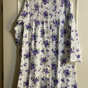 Vintage Floral Purple and White Long Sleeve Flannel Gown